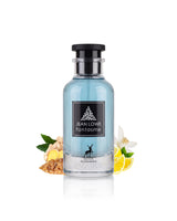 jean lowe fantasme perfume bottle surrounded by fragrance notes like  ginger and lemon shows against white background