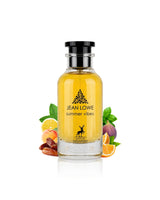 jean lowe summer vibes perfume bottle surrounded by fragrance notes like orange and dates shows against white background