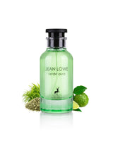 jean lowe verde aura perfume bottle surrounded with fragrance notes like lime and mate shows against white background