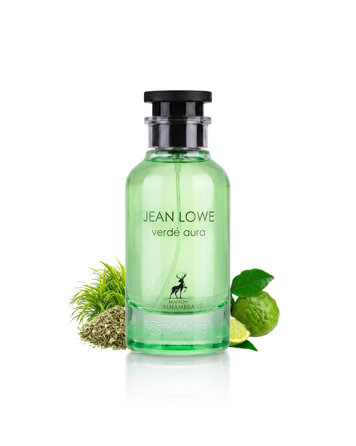 jean lowe verde aura perfume bottle surrounded with fragrance notes like lime and mate shows against white background