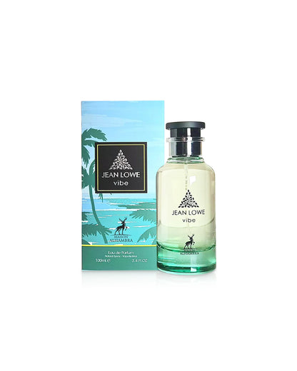 jean lowe vibe perfume bottle shows beside its box against white background