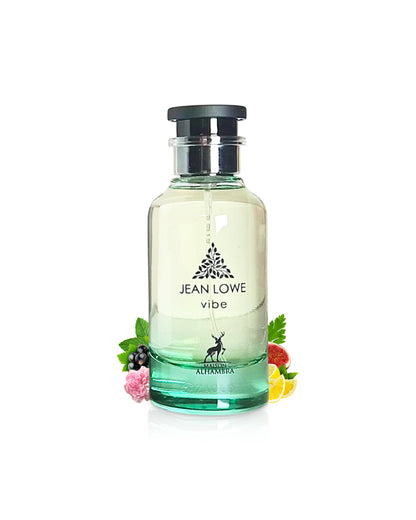 jean lowe vibe perfume bottle surrounded by fragrance notes like lemon and peony shows against white background