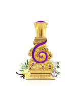 johayna purple perfume oil bottle surrounded with fragrance notes like vanilla and coconut shows against white background