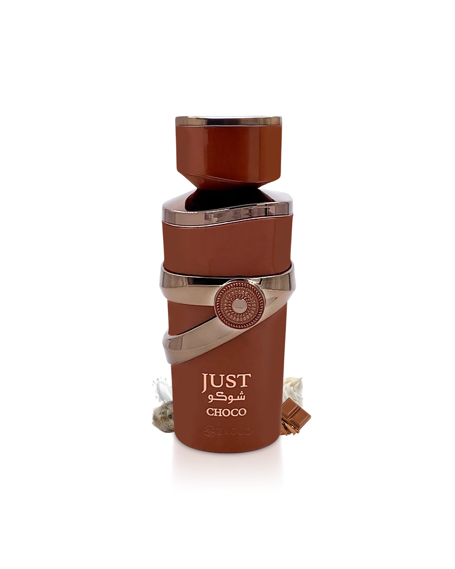 just choco perfume bottle surrounded with fragrance notes like chocolate and musk shows against white background