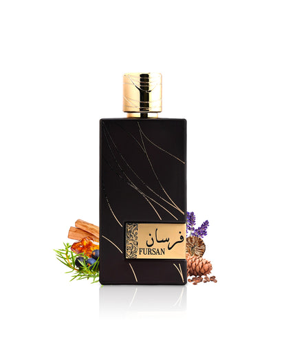 khadlaj fursan brown perfume bottle surrounded with fragrance notes like nutmeg and amber shows from behind the bottle against white background