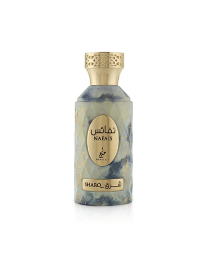 khadlaj nafais sharq Perfume bottle with gold cap and marbled design on a white background