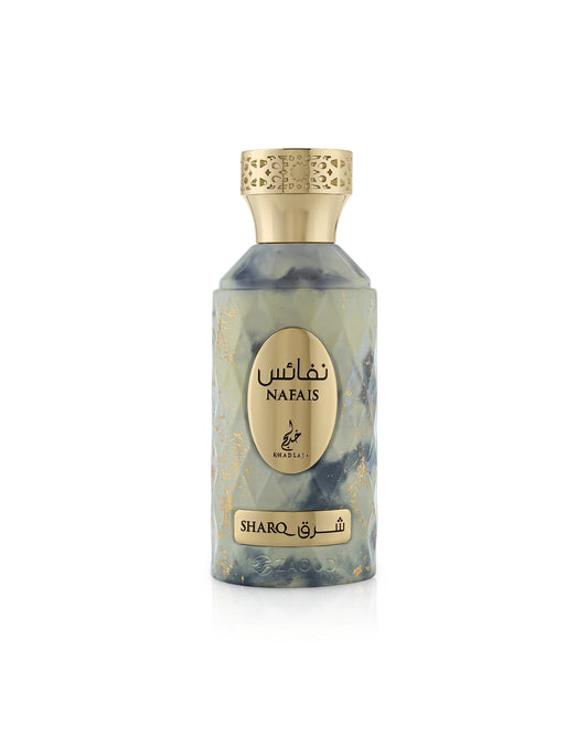 khadlaj nafais sharq Perfume bottle with gold cap and marbled design on a white background