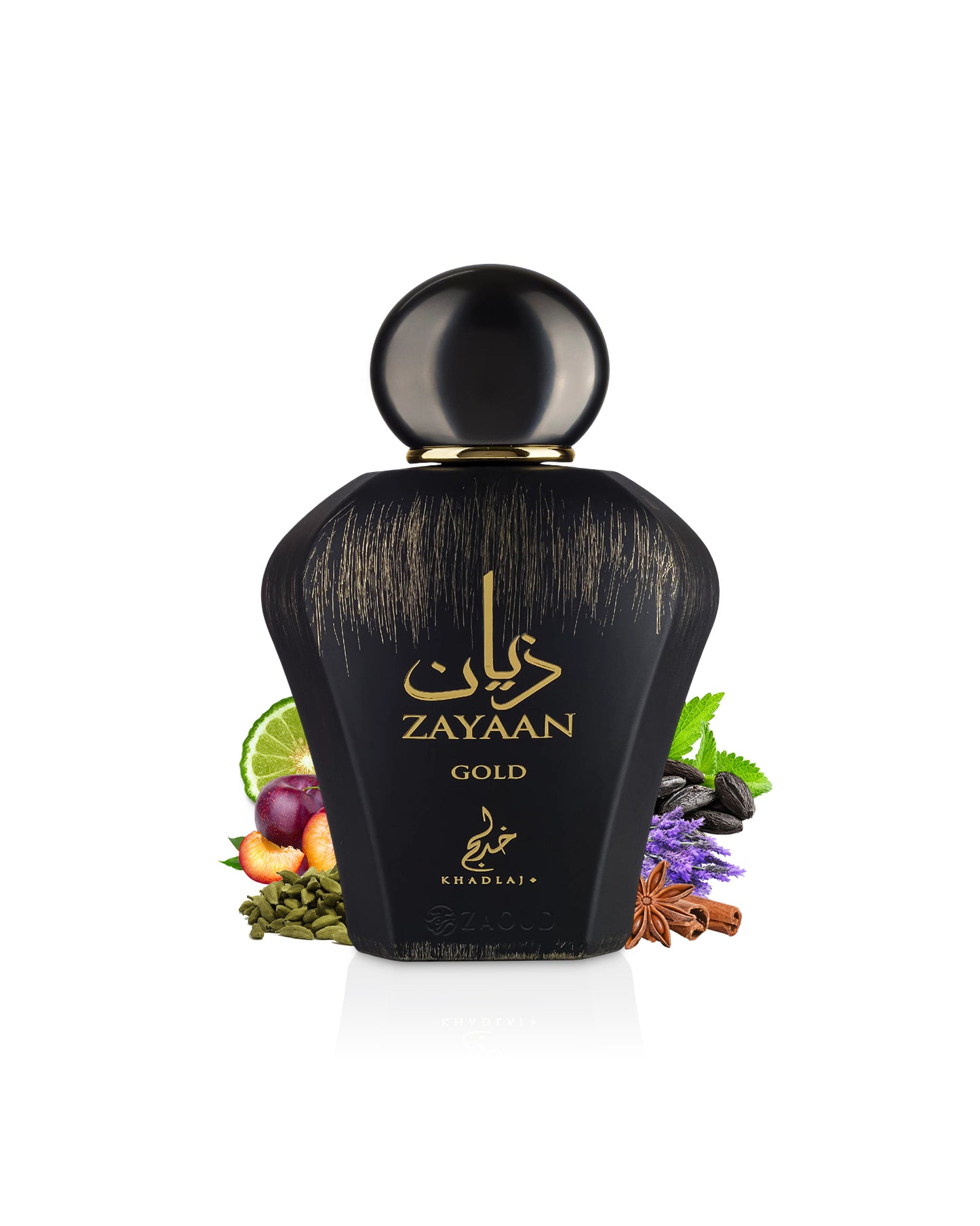 Zayaan Gold perfume bottle with decorative elements LIKE CARDAMOM AND SPICES on a white background