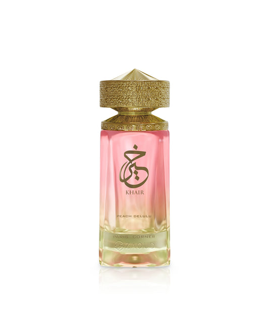 paris corner khair peach delulu perfume bottle shows against white background