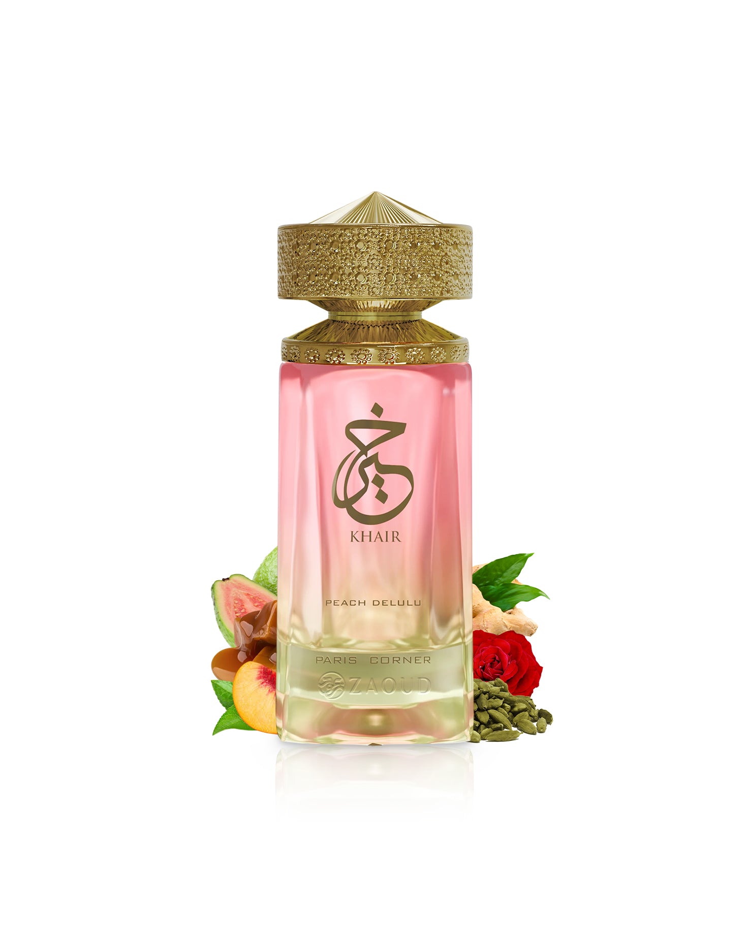 paris corner khair peach delulu Pink bottle with gold cap labeled 'KHAIR' on a white background with peach and rose decorations.
