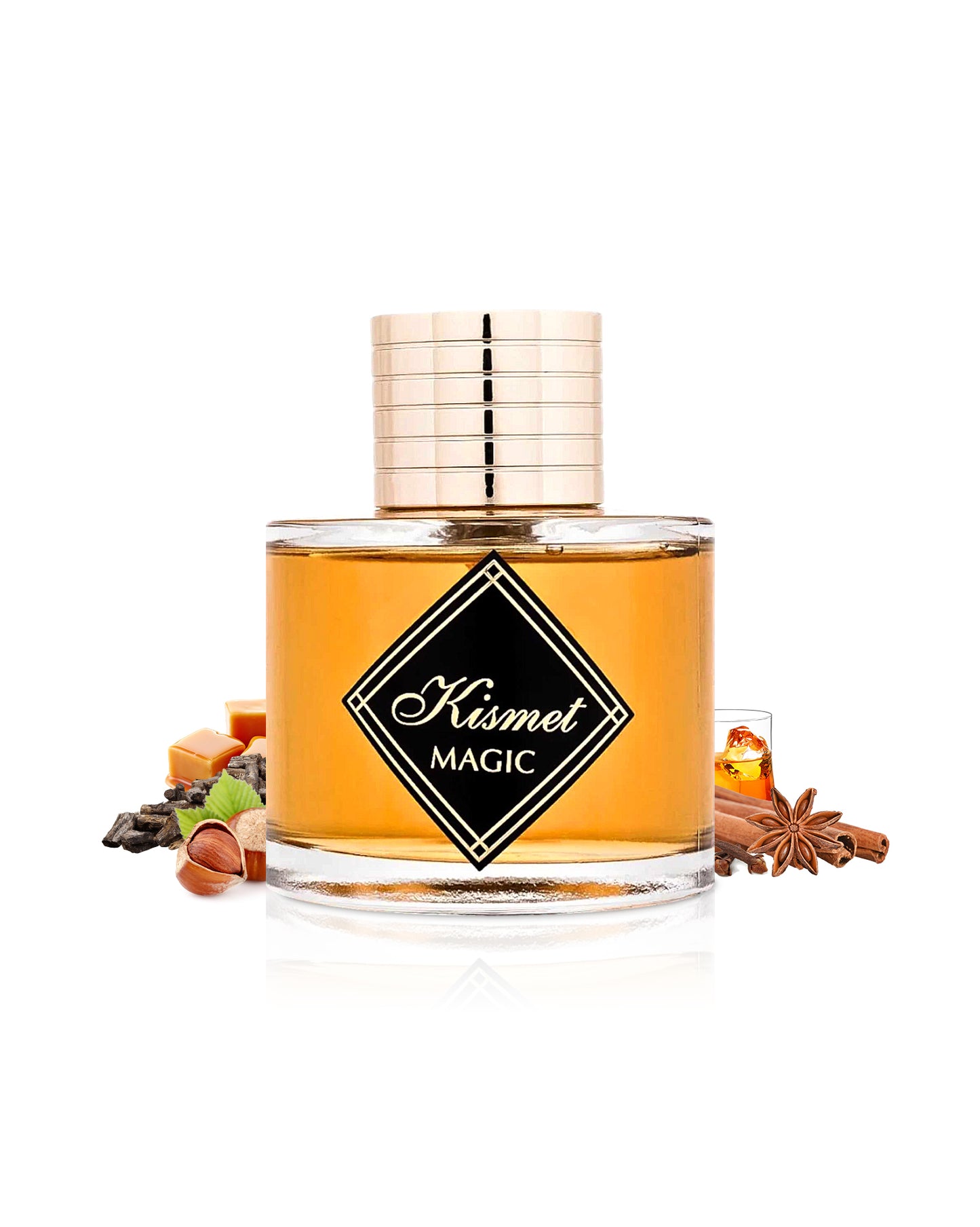 maison alhambra new kismet magic perfume bottle surrounded with its ingredients like caramel and cinnamon with many others like whiskey shows from behind the bottle  against white background