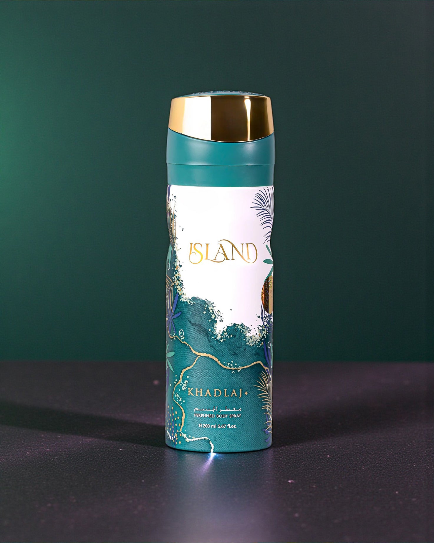 khadlaj island deodorant bottle photograph against green background