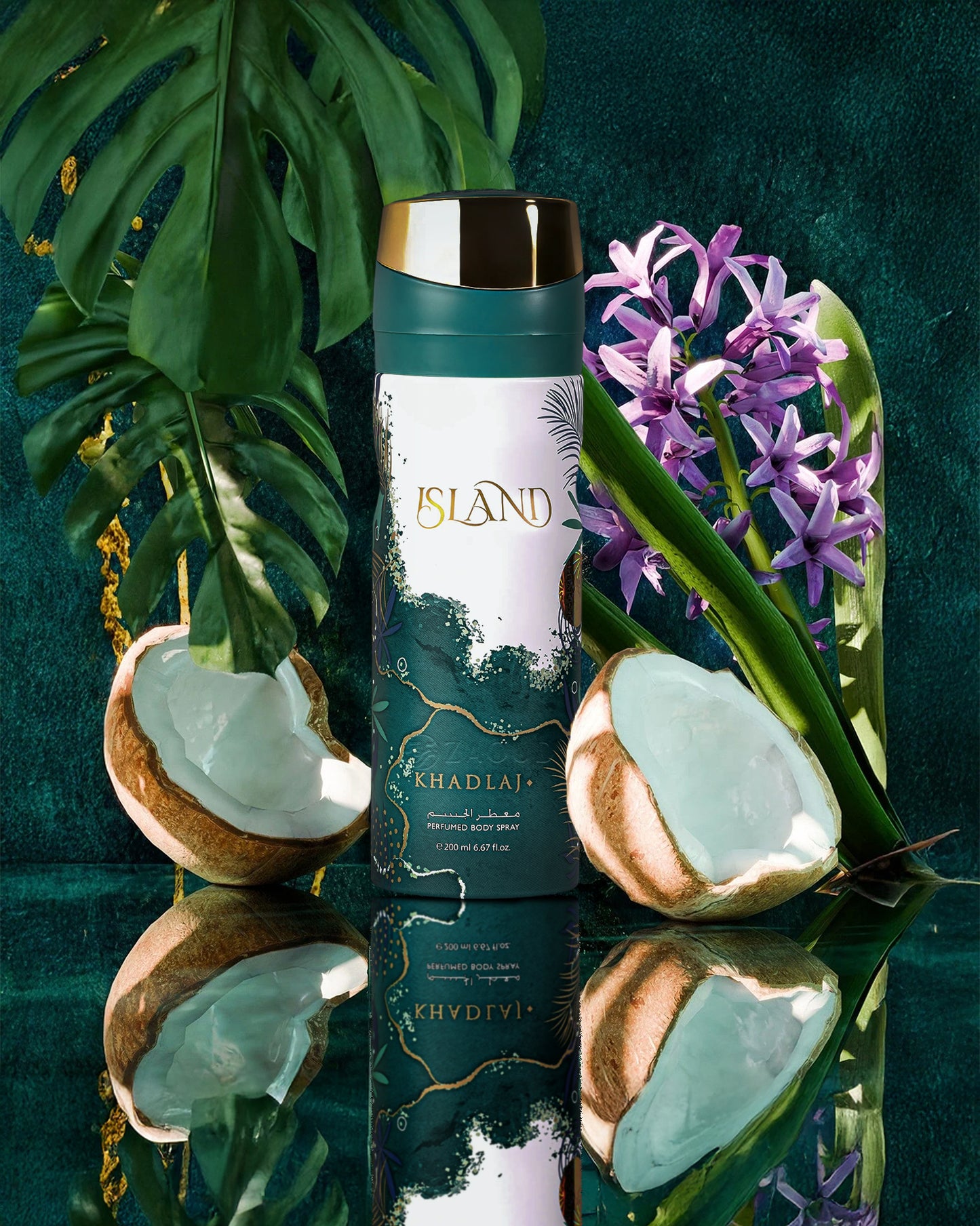 khadlaj island deodorant bottle photograph beside coconut over reflected surface