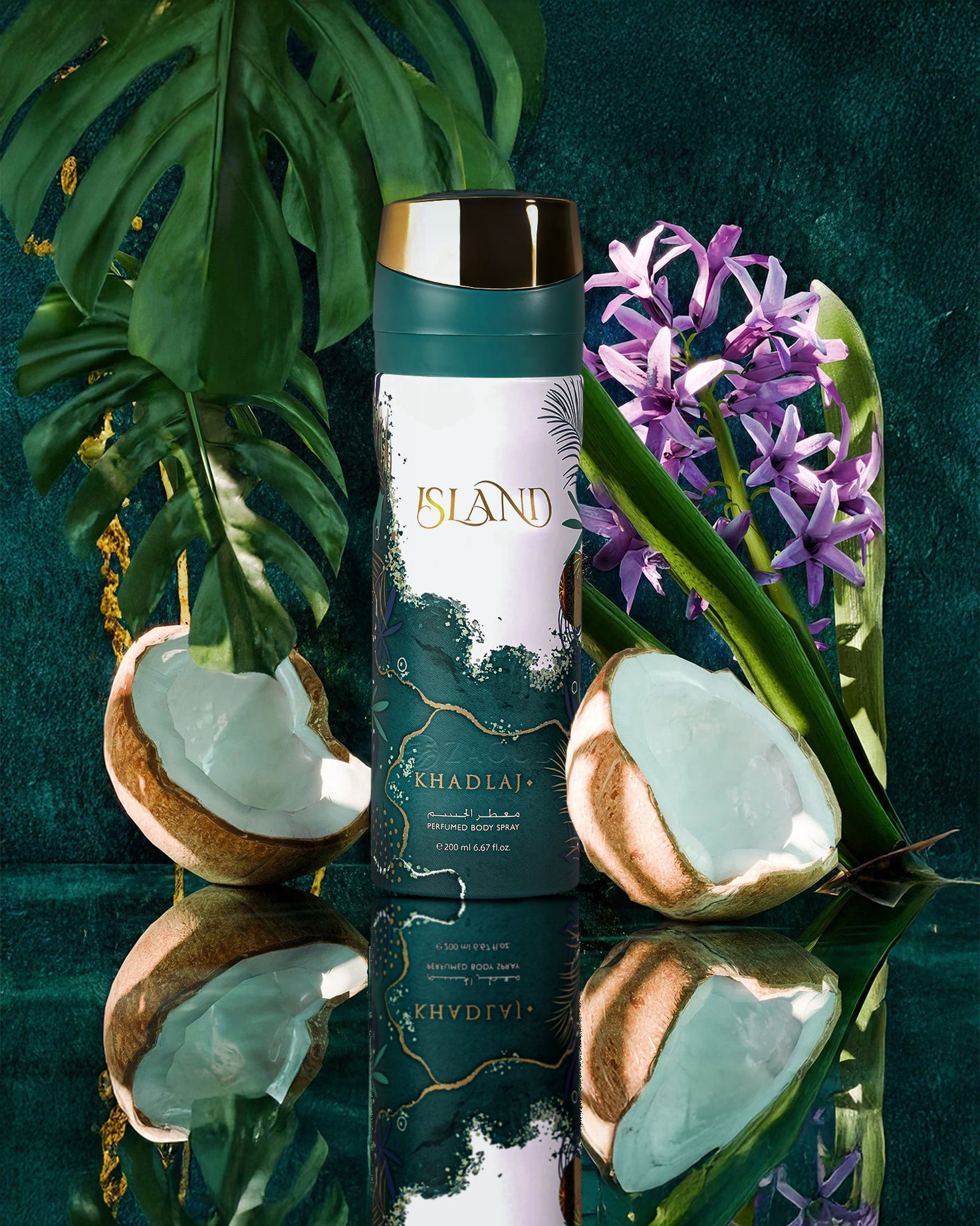 khadlaj island deodorant bottle photograph beside coconut over reflected surface