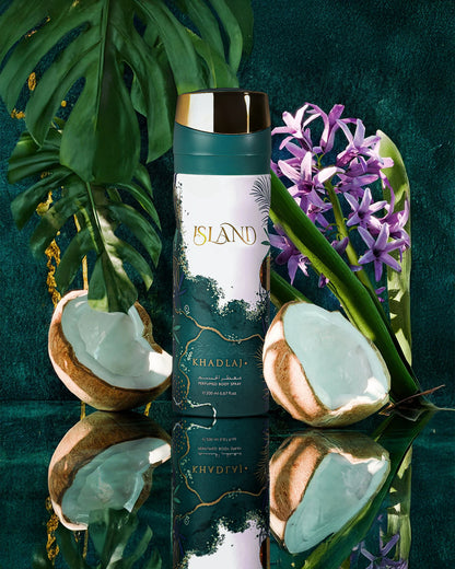 khadlaj island deodorant bottle photograph beside coconut over reflected surface