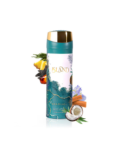 khadlaj island deodorant bottle surrounded by fragrance notes like coconut and ananas  shows against white background