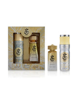 khair felicity gift set beside perfume bottle and deodorant shows against white background