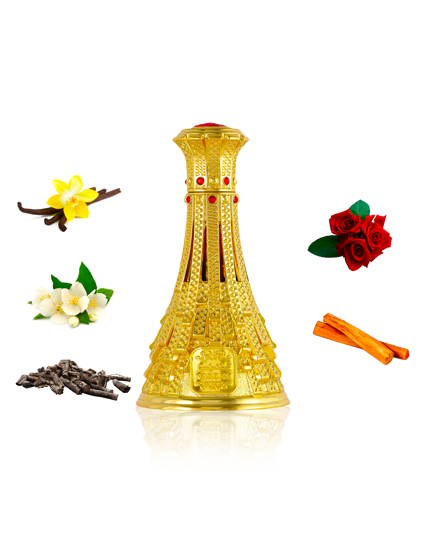 khalifa perfume oil by naseem perfume bottle surrounded with ingredients like rose and vanilla with some other shows against white background