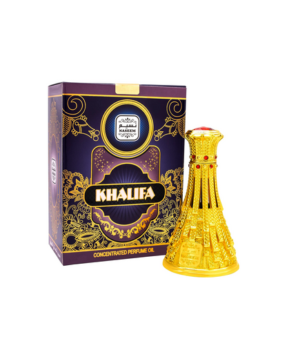 khalifa perfume oil by naseem perfume bottle beside its box shows against white background