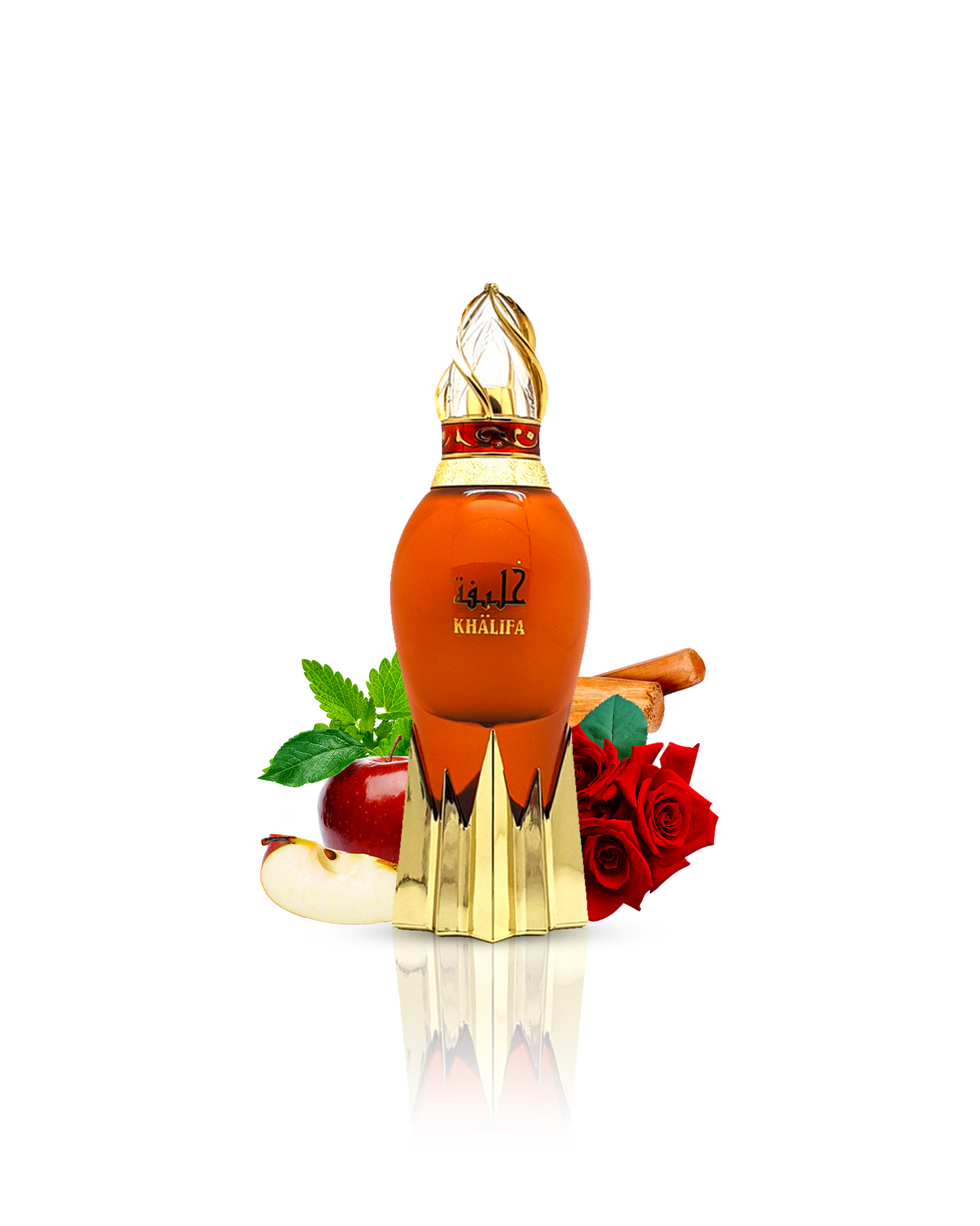 khalifa aqua parfum by naseem perfume bottle surrounded with its ingredients like apple and rose with many others shows from behind the bottle against white background