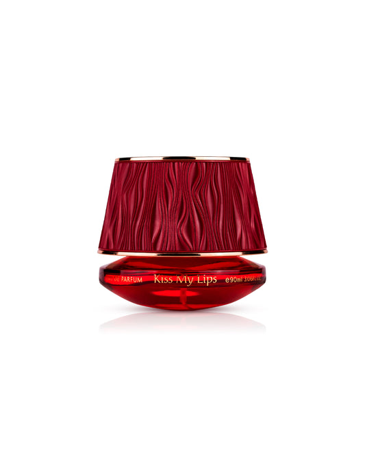 MAISON ASRAR PERFUME BOTTLE with 'Kiss My Lips' text on a white background