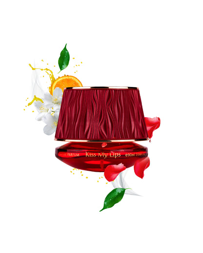 MAISON ASRAR kiss my lips perfume bottle with floral and fruit elements on a white background