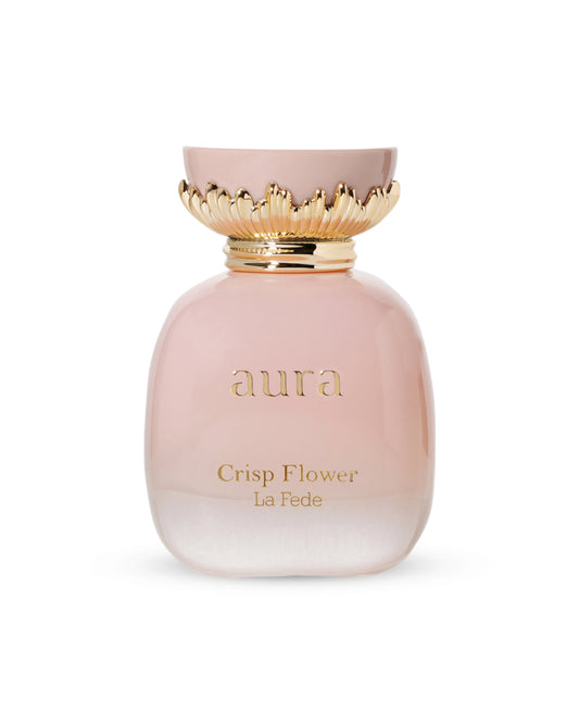 LA FEDE AURA crisp flower Pink perfume bottle with gold cap on a white background