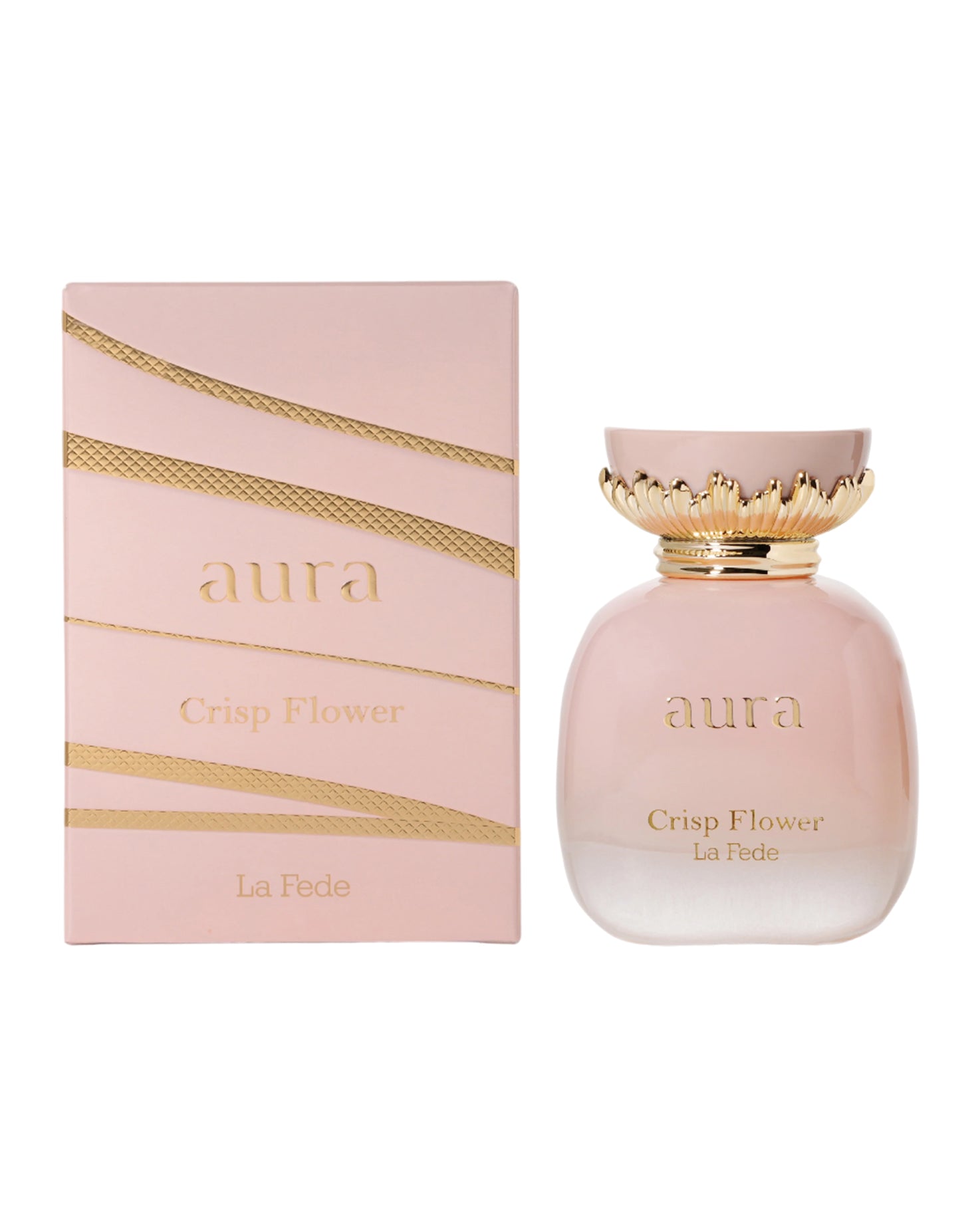 la fede aura crisp flower by khadlaj pink colour perfume bottle beside its box shows against white background