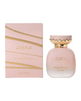 LA FEDE AURA crisp flower Pink perfume bottle and packaging with 'aura' branding on a white background
