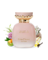 LA FEDE AURA crisp flower Pink perfume bottle labeled 'aura' with floral elements on a white background