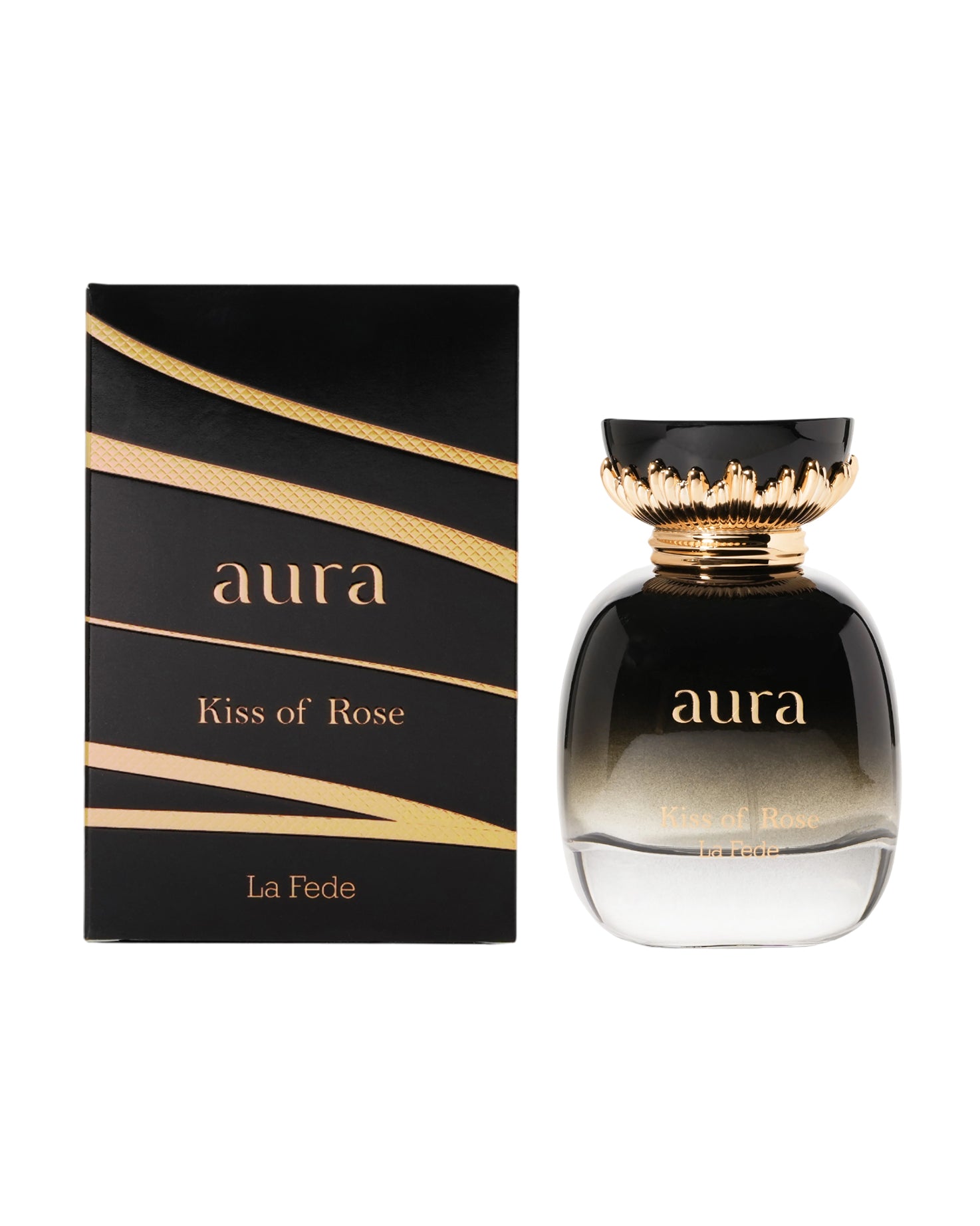 LA FEDE AURA KISS OF ROSE by khadlaj perfume bottle with beside its box shows against white background