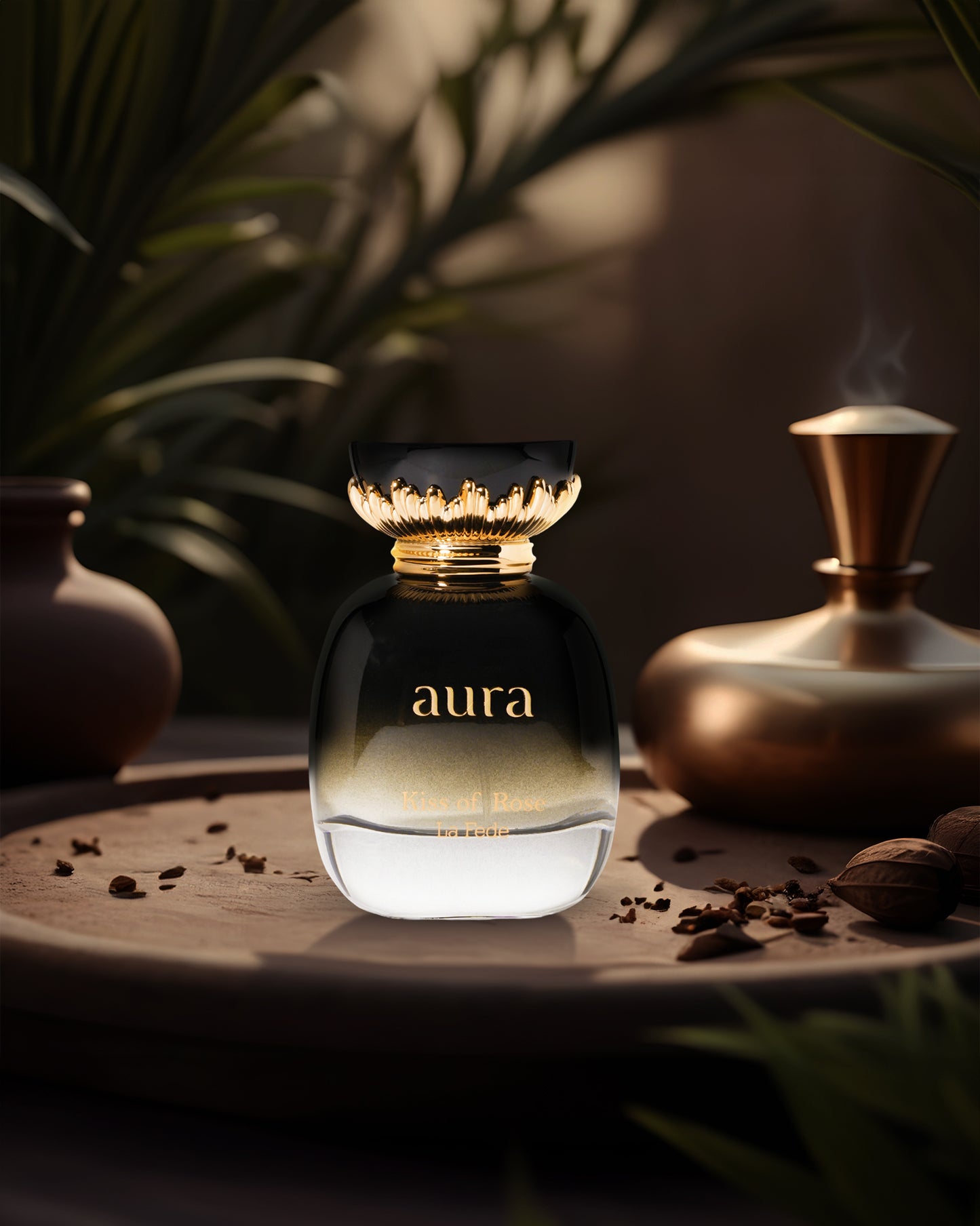 LA FEDE AURA KISS OF ROSE by khadlaj perfume bottle photograph over marron powders besides peanutes against darkish oriental scenery 