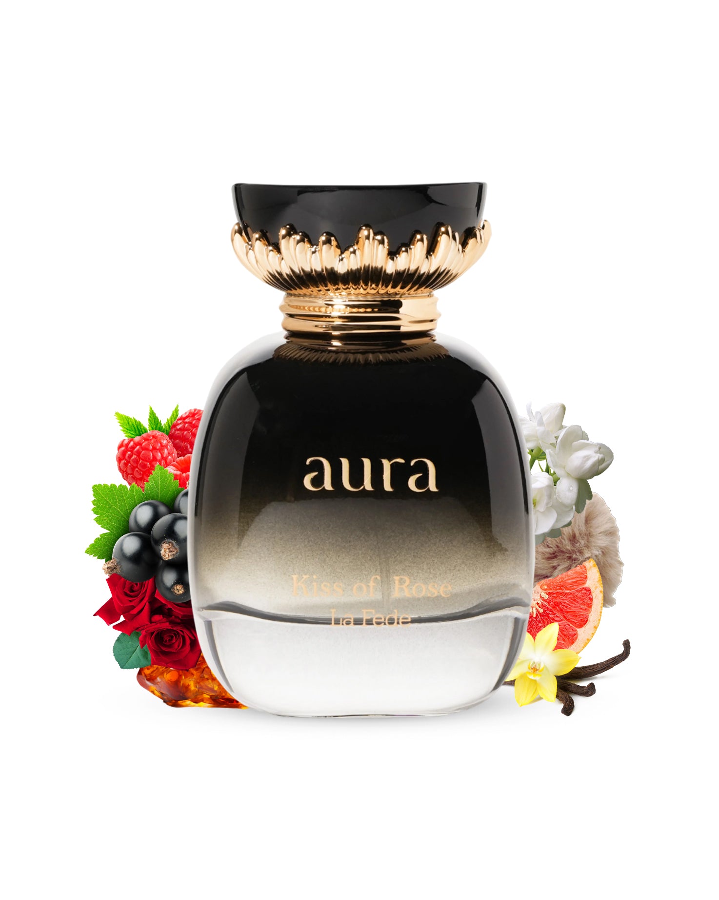 LA FEDE AURA KISS OF ROSE by khadlaj perfume bottle surrounded with its ingredients like rose vanilla and amber with many more shows from behind the bottle against white background