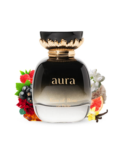 LA FEDE AURA KISS OF ROSE by khadlaj perfume bottle surrounded with its ingredients like rose vanilla and amber with many more shows from behind the bottle against white background