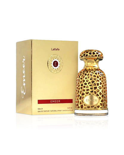 LATTAFA EMEER PERFUME BOTTLE SHOWS BESIDE ITS BOX AGAINST WHITE BACKGROUND