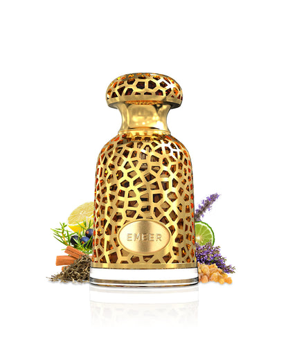 LATTAFA EMEER PERFUME BOTTLE SURROUNDED WITH ITS INGREDIENTS LIKE AMBER AND CITRUS WITH MANY OTHERS SHOWS FROM BEHIND THE BOTTLE AGAINST WHITE BACKGROUND