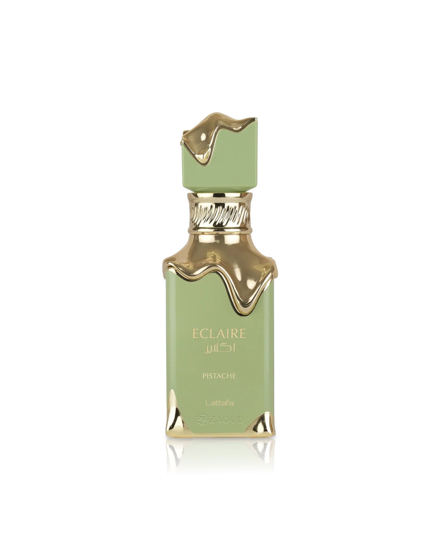 lattafa eclaire pistache Green perfume bottle with gold accents on a white background