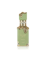 lattafa eclaire pistache Green perfume bottle with gold accents on a white background
