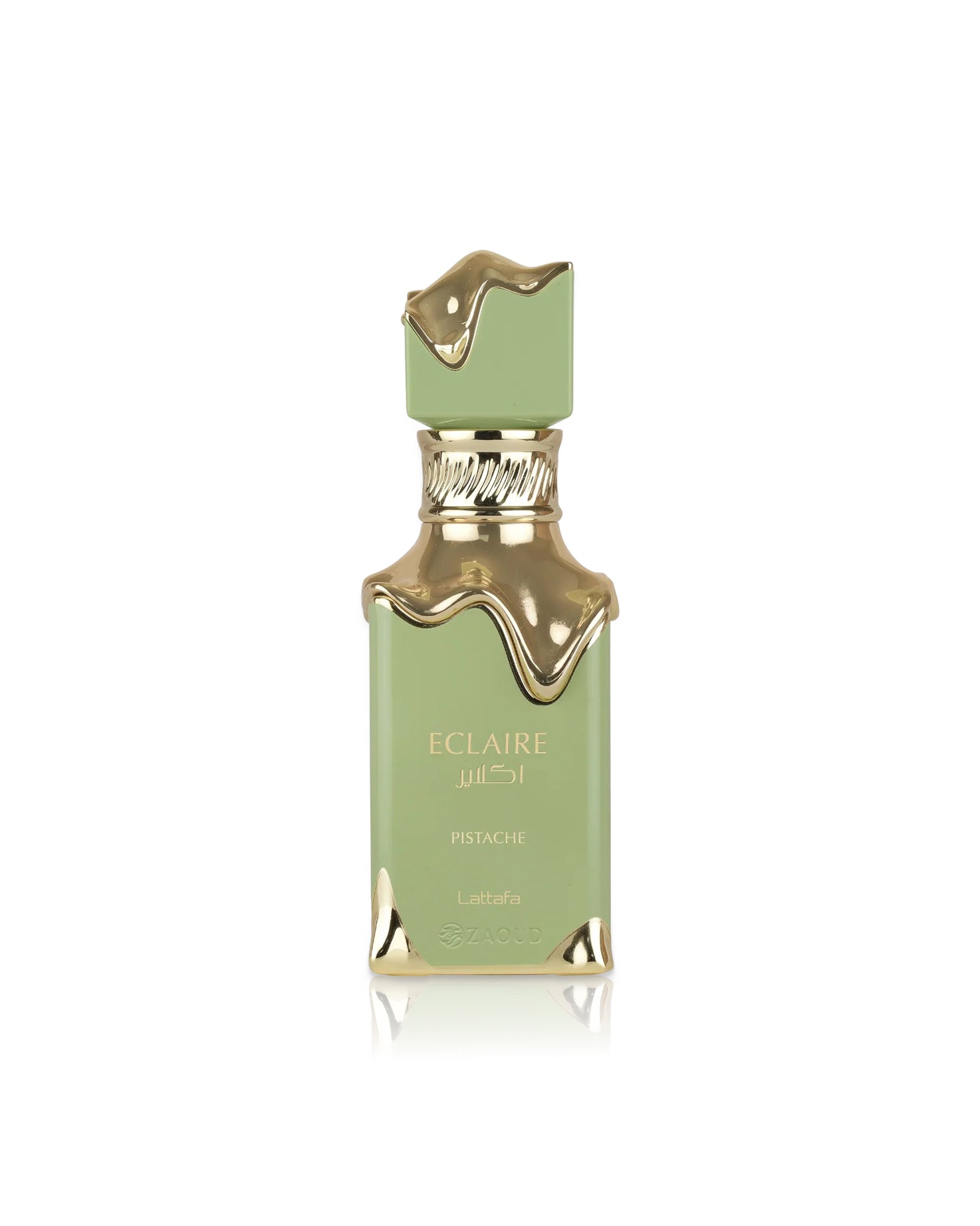 lattafa eclaire pistache Green perfume bottle with gold accents on a white background