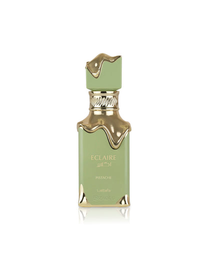lattafa eclaire pistache Green perfume bottle with gold accents on a white background
