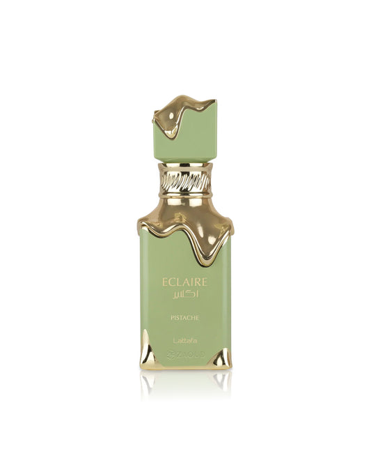 lattafa eclaire pistache Green perfume bottle with gold accents on a white background