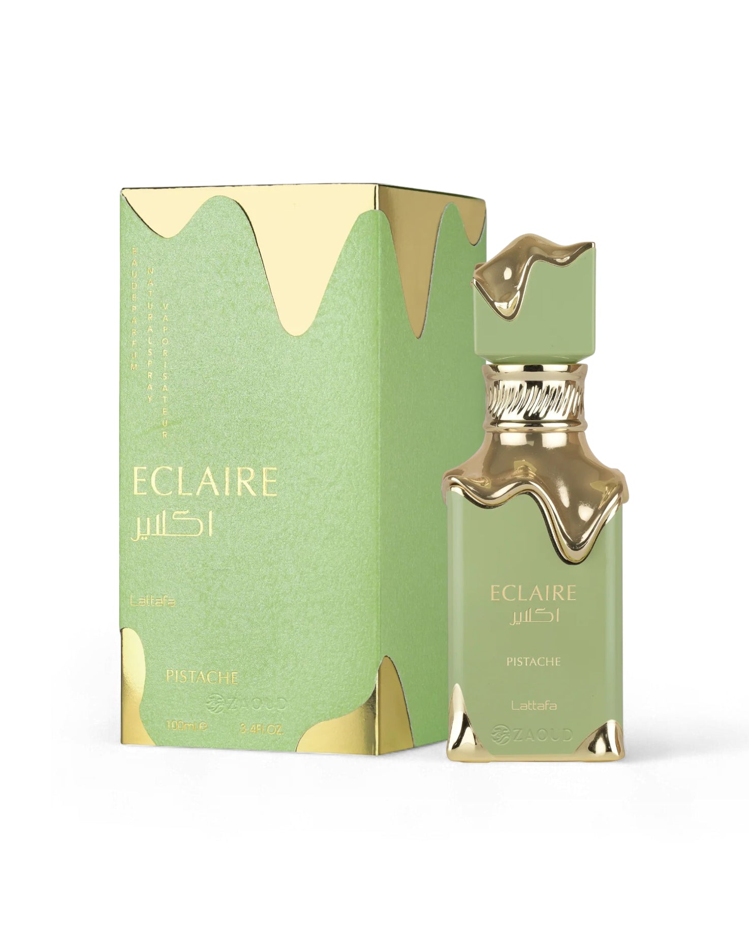 lattafa eclaire pistache perfume bottle and packaging on a white background