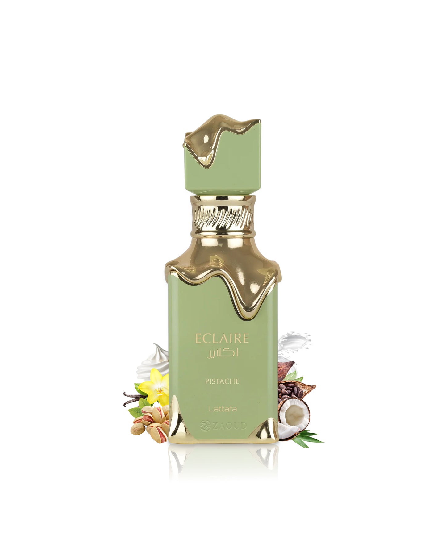 lattafa eclaire pistache Green perfume bottle with gold accents like pistachio and coconut on a white background