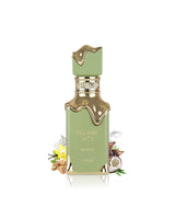 lattafa eclaire pistache Green perfume bottle with gold accents like pistachio and coconut on a white background