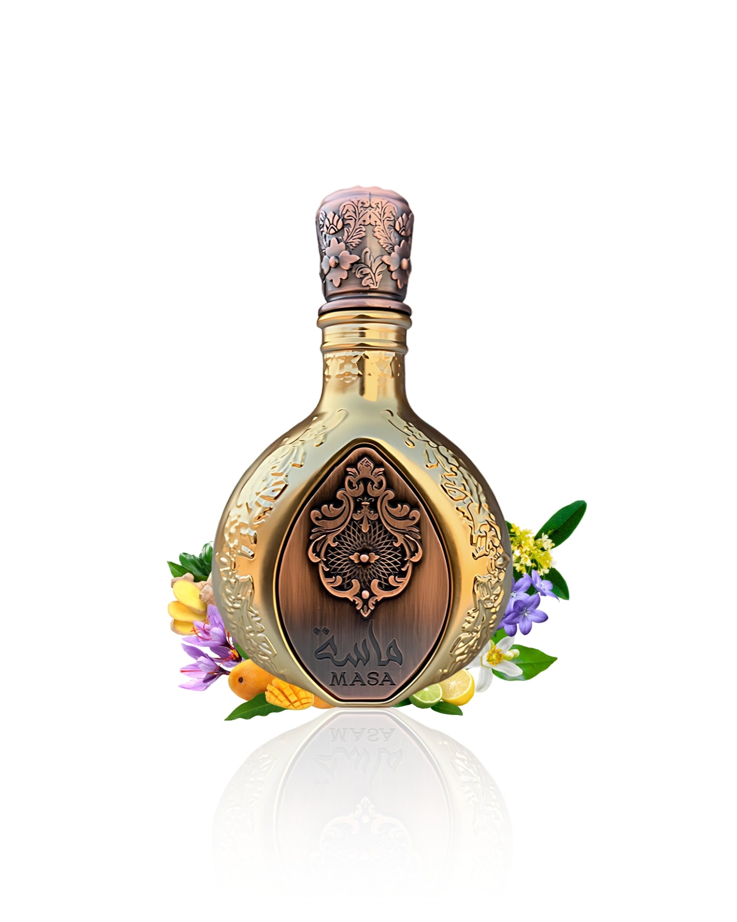 lattafa pride masa perfume bronz bottle surrounded with its ingredients like mango and safran shows from behind the bottle against white background