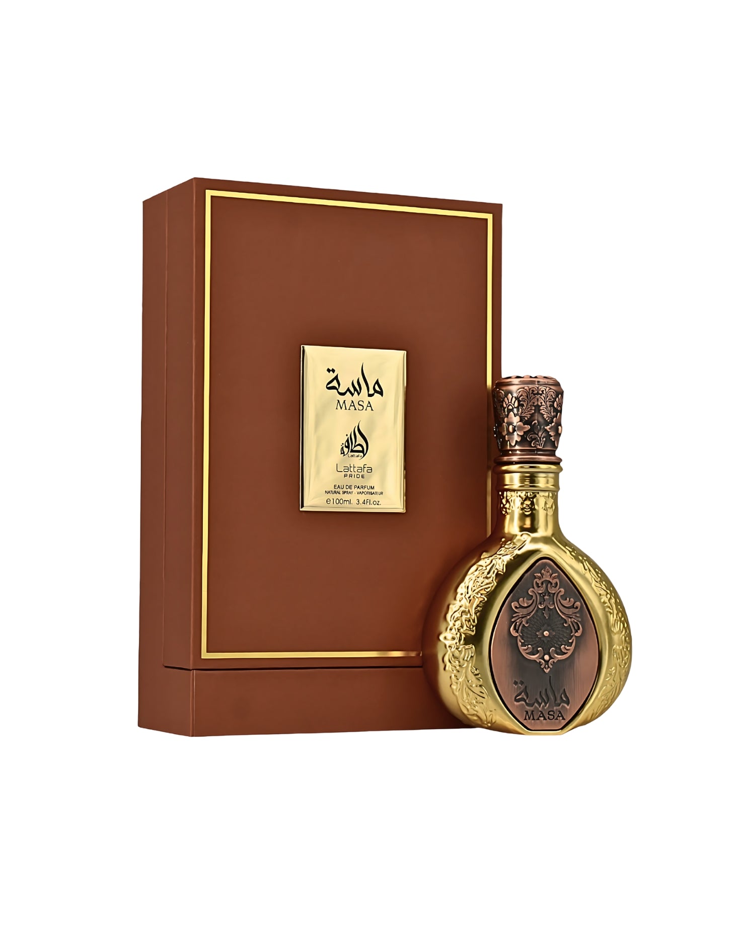 lattafa pride masa perfume bronz bottle beside its box  shows against white background