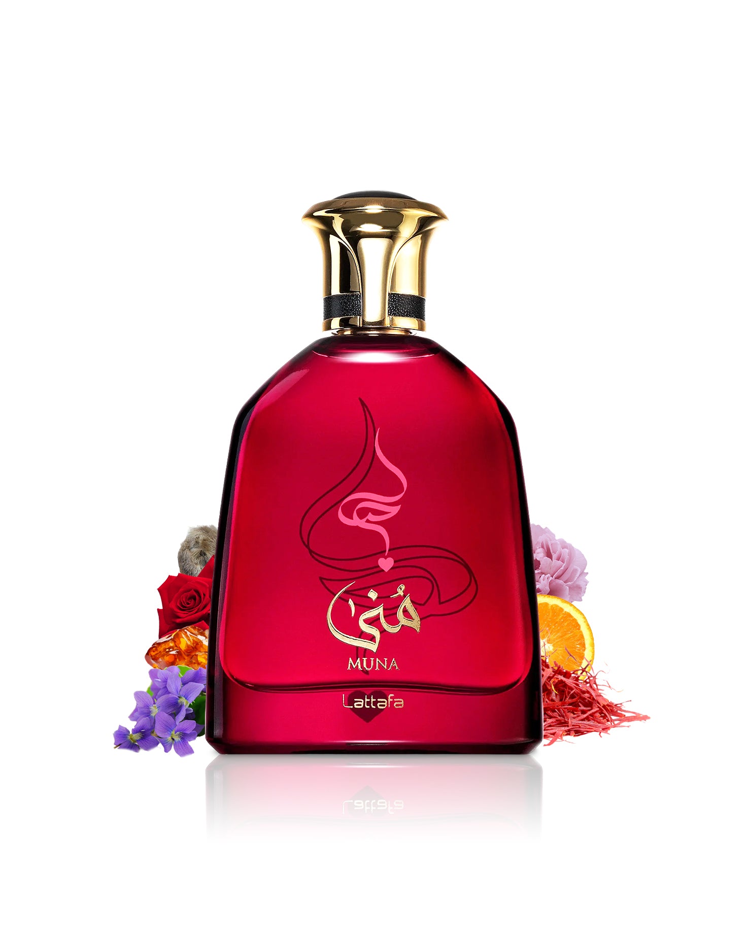 lattafa muna perfume bottle surrounded with fragrance notes like saffron and rose shows from behind the bottle against white background