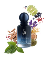 laverne champion perfume bottle surrounded with fragrance notes like patchouli and vetiver shows against white background