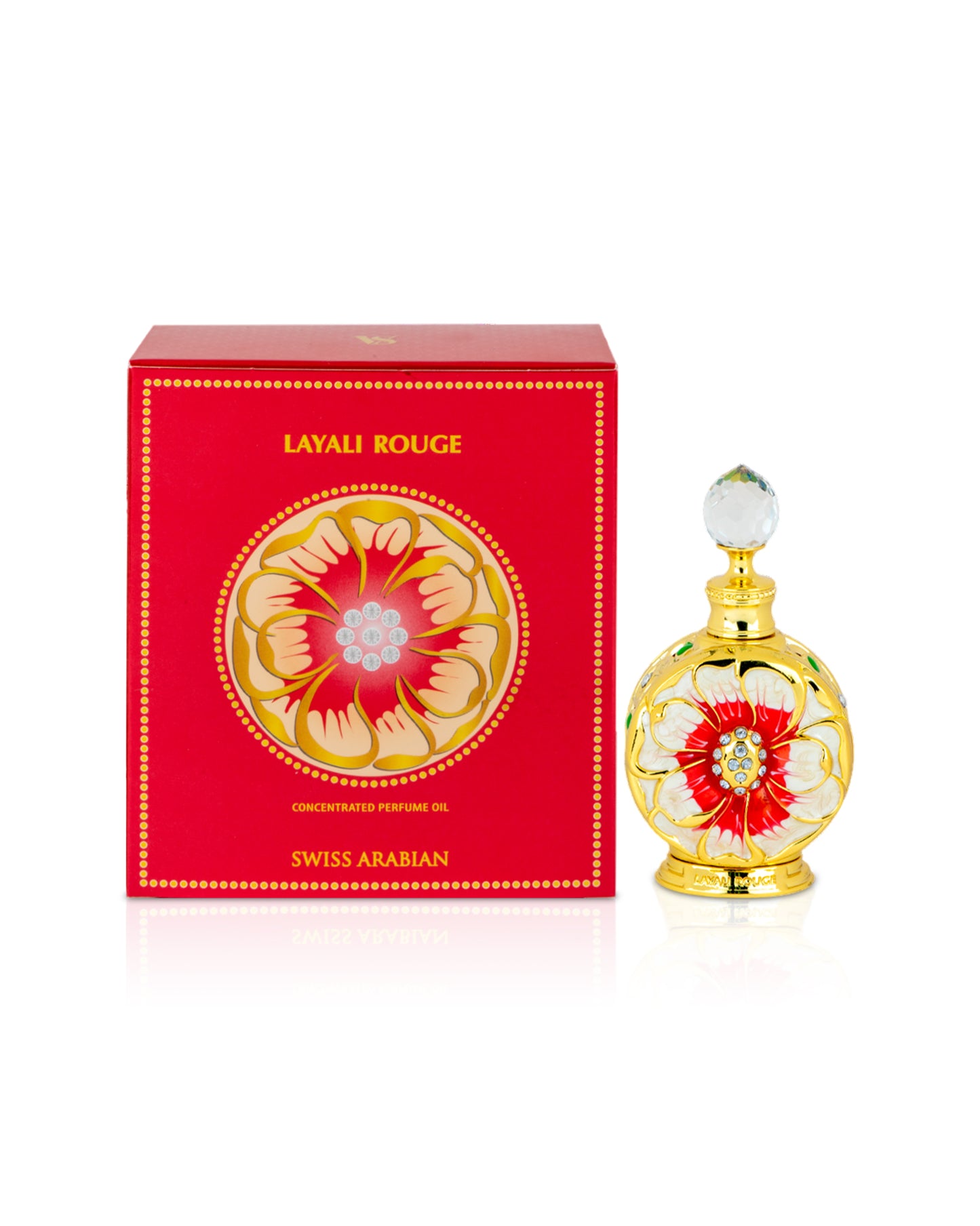 SWISS ARABIAN LAYALI ROUGE PERFUME OIL BOTTLE SHOWS BESIDE ITS BOX AGAINST WHITE BACKGROUND