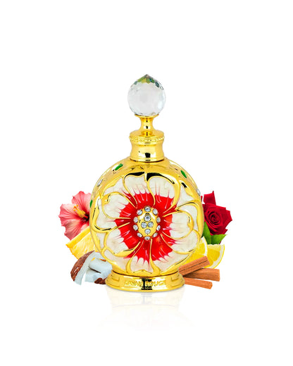 SWISS ARABIAN LAYALI ROUGE PERFUME OIL BOTTLE SURROUNDED WITH ITS INGREDIENTS LIKE COCONUT AND ROSE WITH MANY OTHERS SHOWS FROM BEHIND THE BOTTLE AGAINST WHITE BACKGROUND